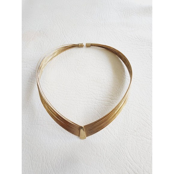 Vintage Gold Tone Wire Choker V  Collar Necklace Multi Layered Wire Choker - Picture 3 of 5